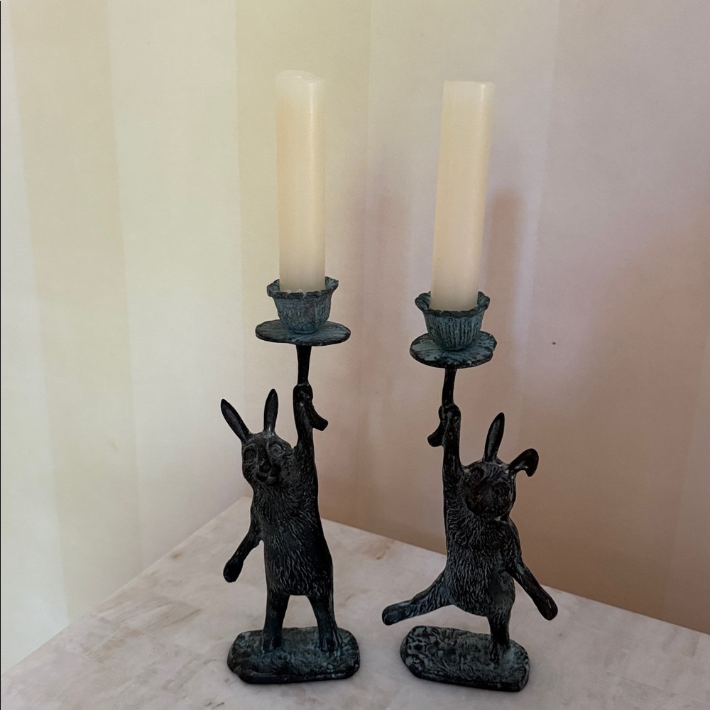 Verdigris Rabbit Candle Holders - Pair - Picture 7 of 10